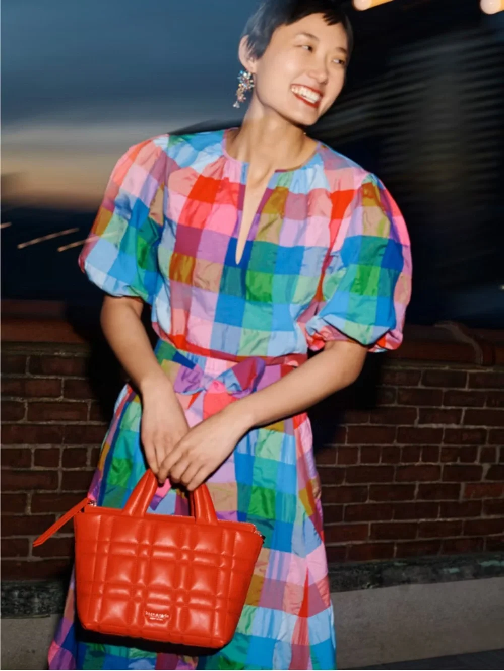 Kate Spade Madras Sleeve Puff Top Size XS